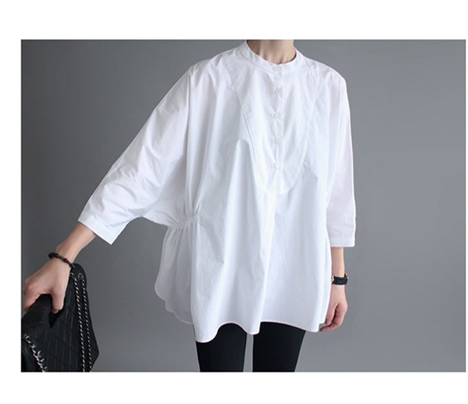 Damen Oversized-Bluse mit Stehkragen, ballonförmiger Silhouette und 3/4-Ärmeln Drune