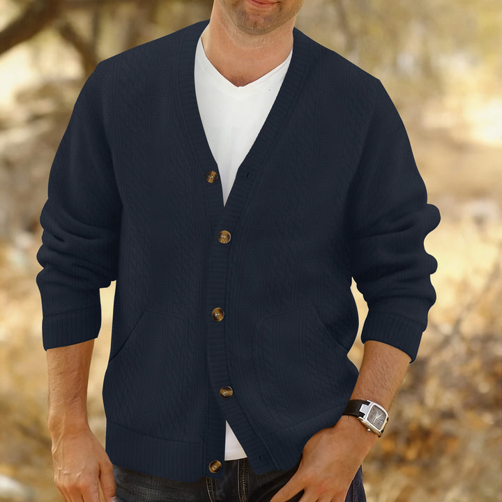 Herren Strukturierter Strickcardigan mit Zopf- und Waffelmuster, Knopfleiste und aufgesetzten Taschen Drune
