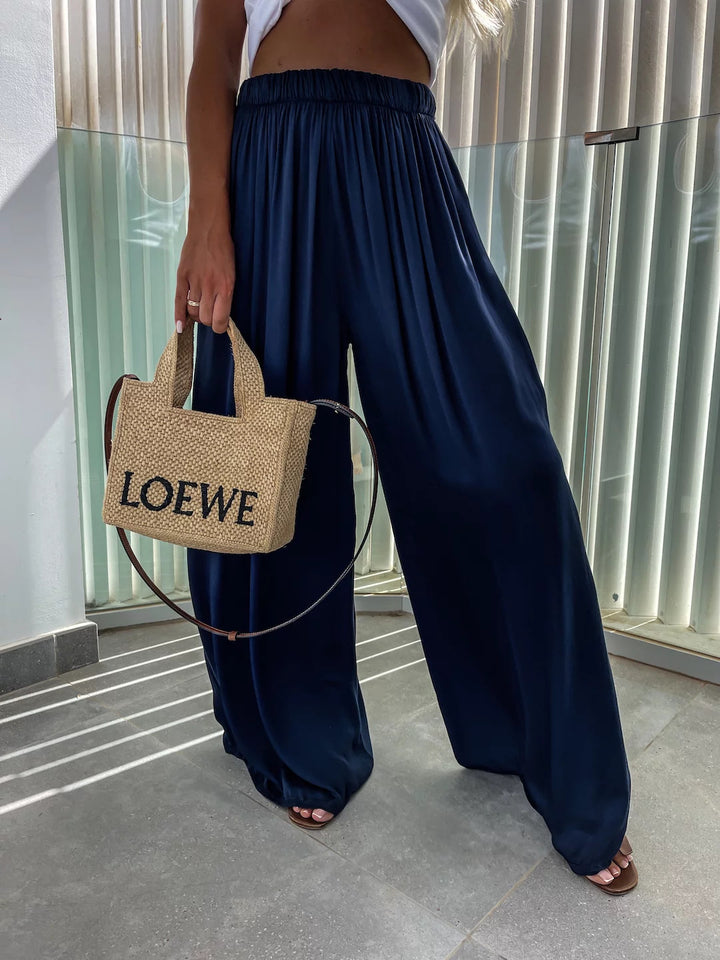 Damen weit geschnittene Palazzo-Hose mit hohem elastischem Bund und fließendem Jersey Drune