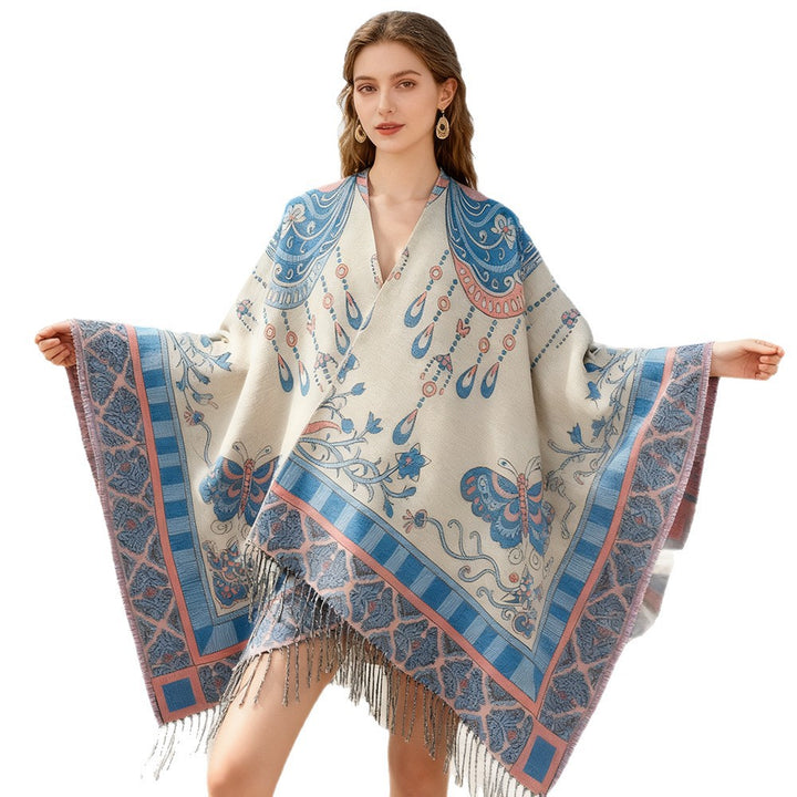 Damen Jacquard-Statement-Poncho mit Paisley- und Schmetterlingsmotiv sowie Fransen Drune