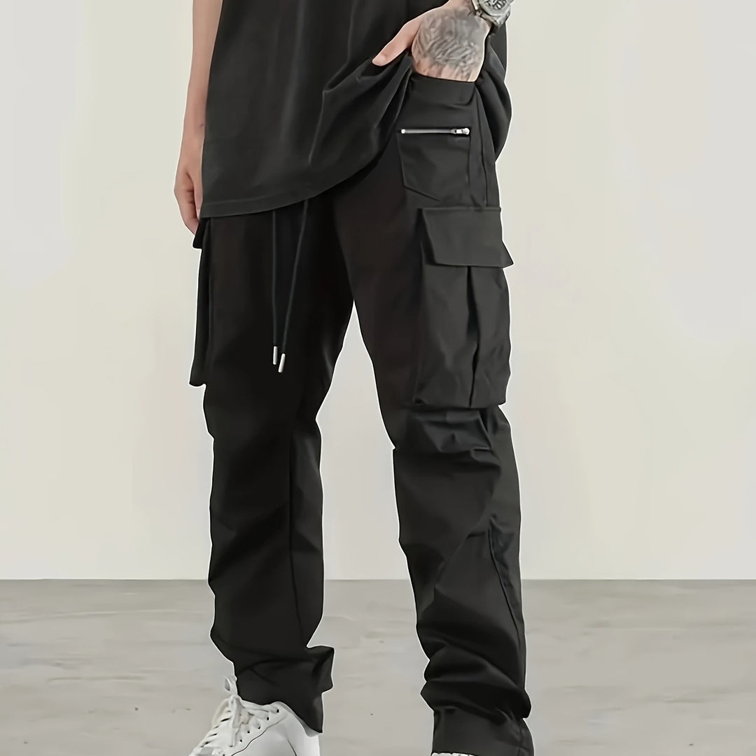 Herren utilitaristische Cargohose mit Reißverschluss‑Tasche, Klappen & Kordelbund Drune