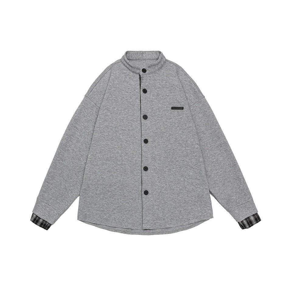 Unisex Oversize-Hemdjacke im Sweat-Overlay mit Stehkragen und karierter Innenmanschette Drune