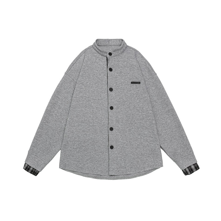 Unisex Oversize-Hemdjacke im Sweat-Overlay mit Stehkragen und karierter Innenmanschette Drune