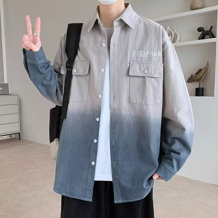 Herren Oversize Dip Dye Baumwollhemd mit Brusttaschen und Verlauffärbung Drune