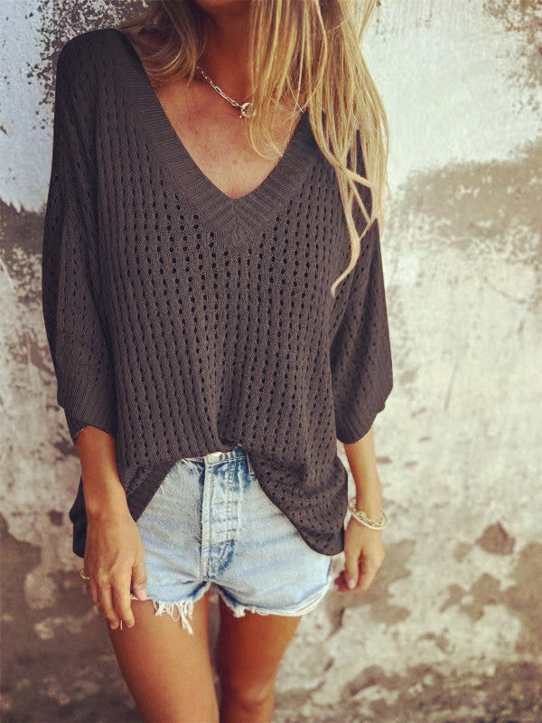 Damen nan luftig gestrickter V-Ausschnitt Pullover im Oversize-Schnitt Drune