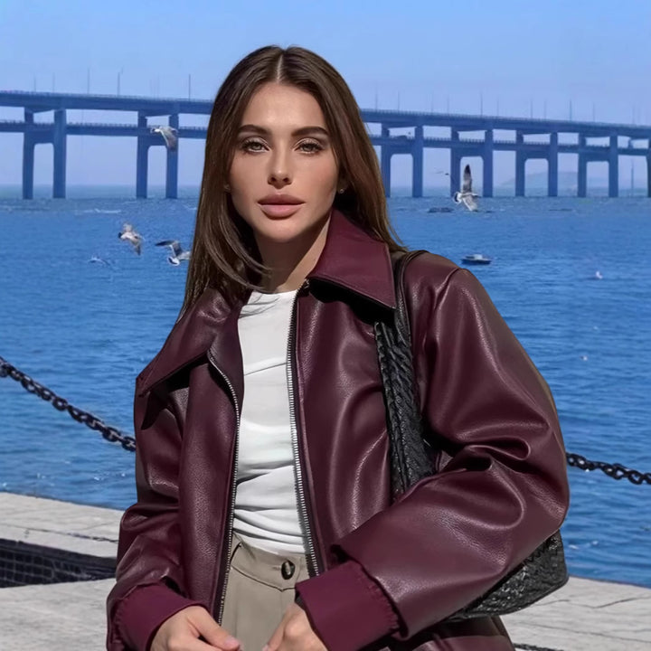 Damen moderne Bikerjacke mit glänzendem Kunstleder Drune