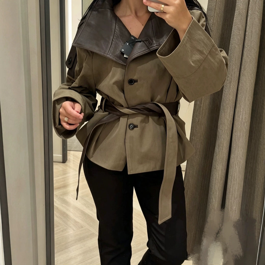 Damen Kurzjacke mit übergroßem Lederkragen und Bindegürtel Drune