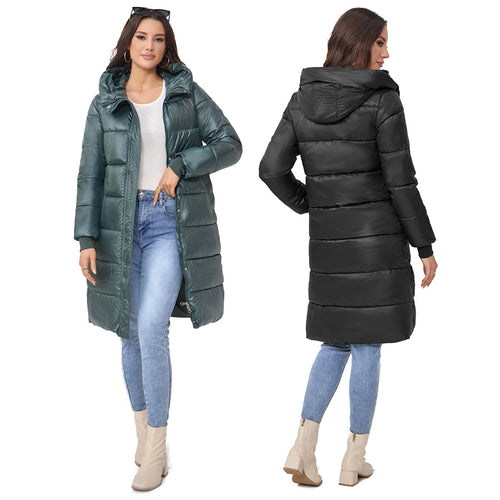 Damen Langer Puffer‑Mantel mit hohem Stehkragen, wattierter Steppung und elastischen Bündchen Drune
