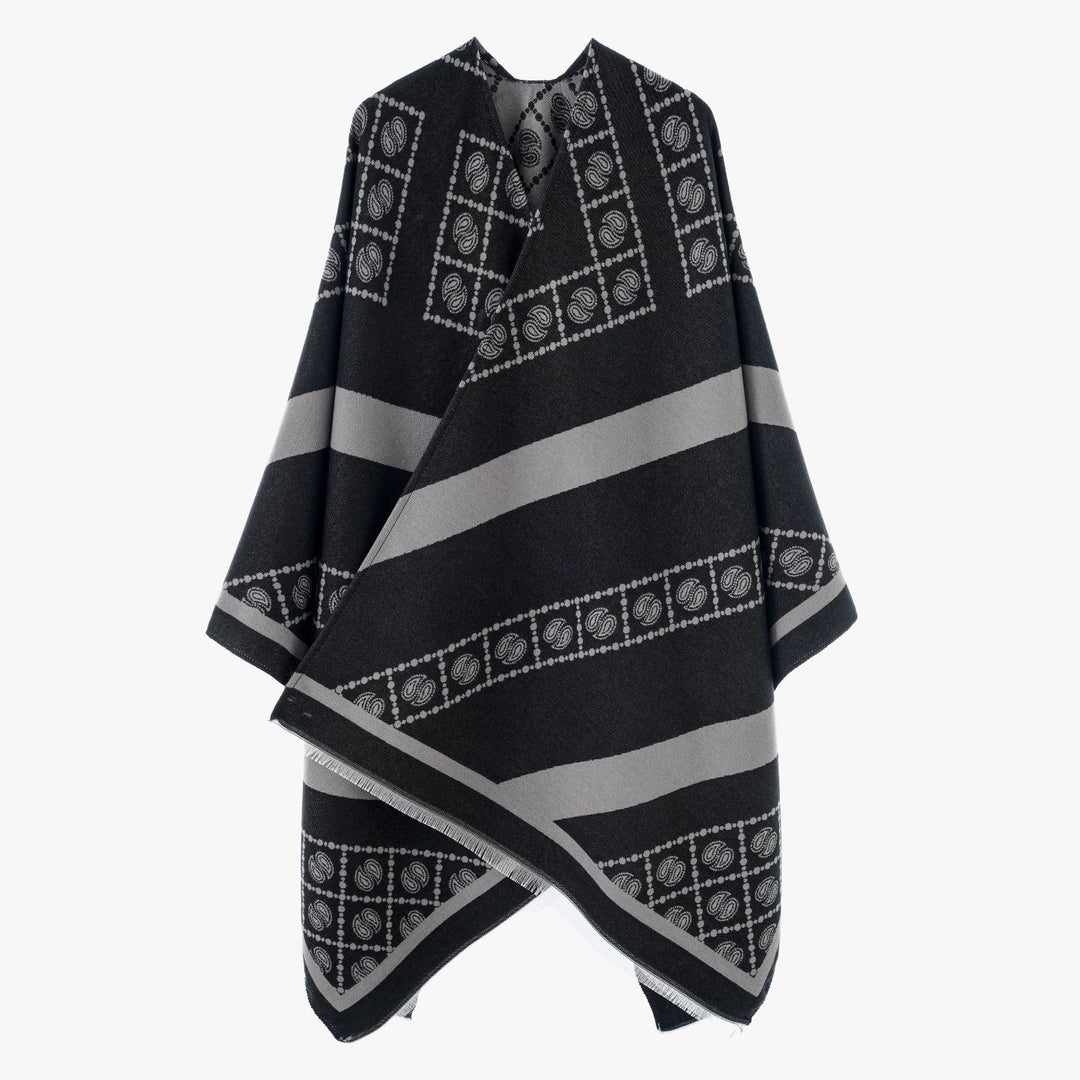 Damen Jacquard-Überwurf im Cape‑Stil mit Paisley‑Bordüre und Fransen Drune