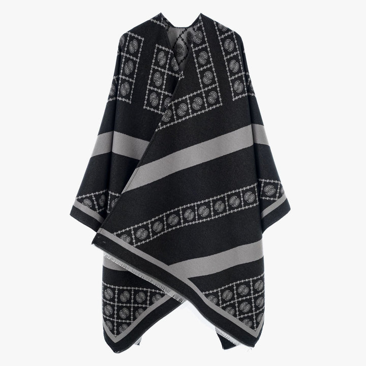 Damen Jacquard-Überwurf im Cape‑Stil mit Paisley‑Bordüre und Fransen Drune