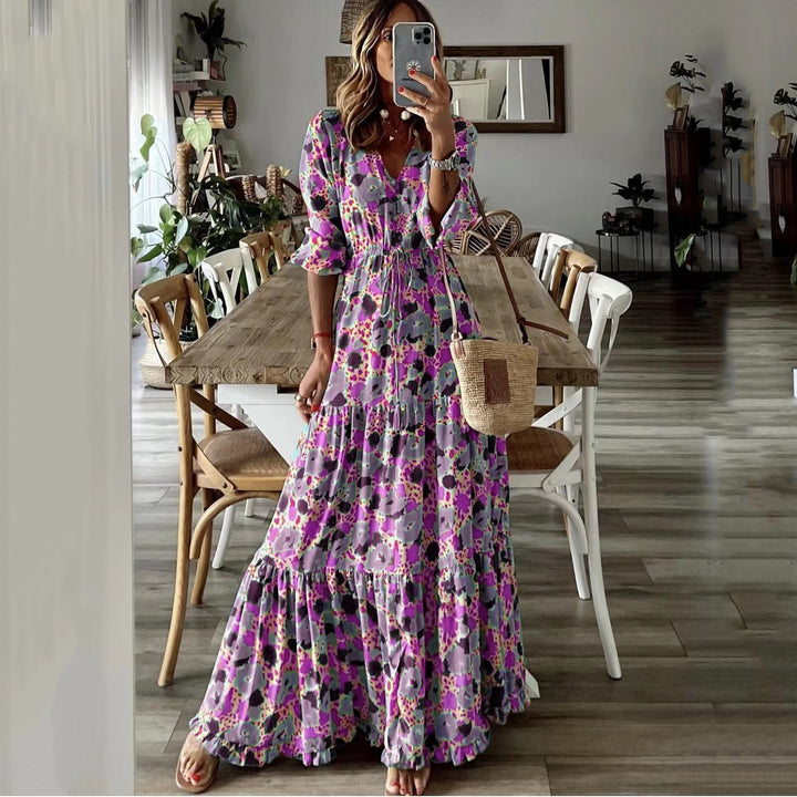 Damen Maxikleid mit Blumenprint, V‑Ausschnitt, Stufenvolant und Tunnelzugtaillen Drune