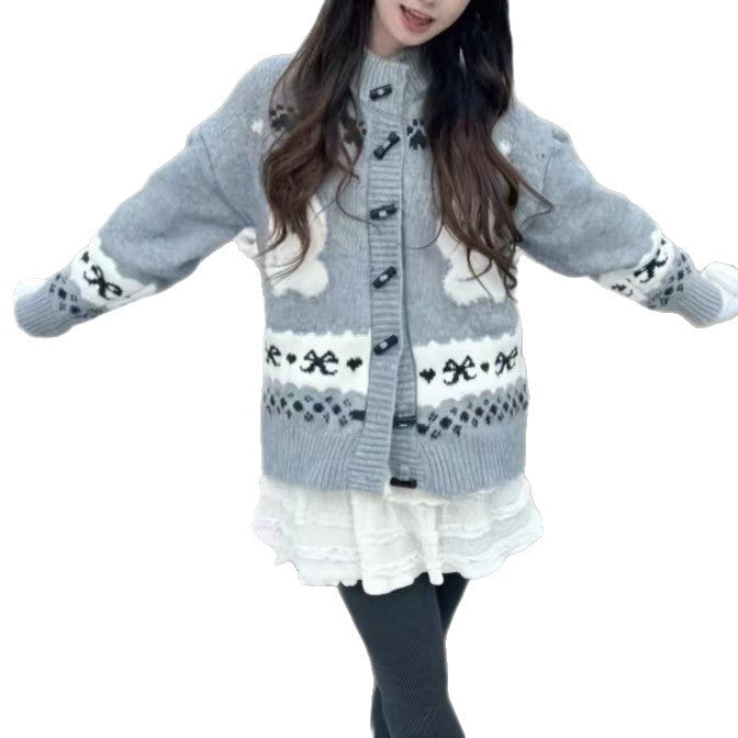 Damen Gemusterte Strickjacke mit tierischem Motiv und Knopfdetails Drune