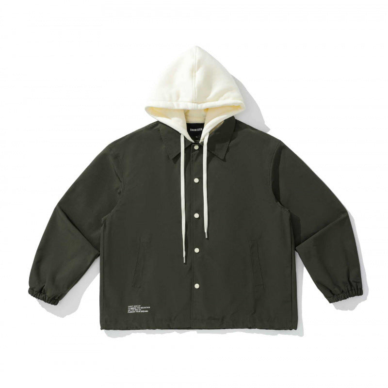 Unisex Zweilagige Overshirt Jacke mit angenähter Fleecekapuze und Druckknopfleiste Drune