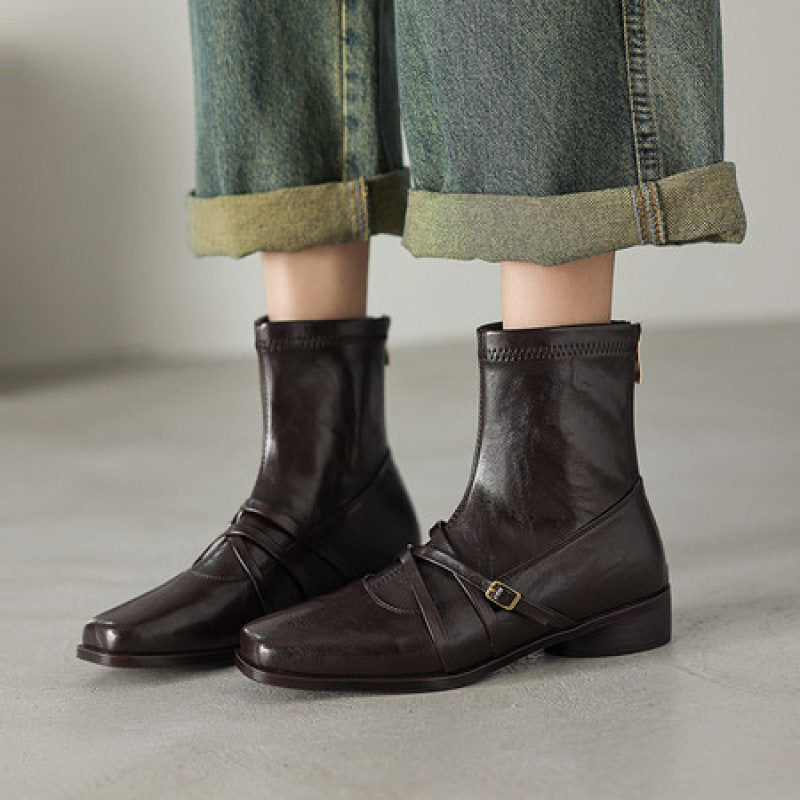 Damen Elegante Stiefeletten aus Leder mit modischem Riemen Drune