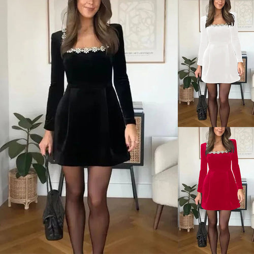 Damen-Minikleid mit quadratischem Ausschnitt, tailliertem A-Linien-Schnitt und zarter floralem Verzierungen Drune