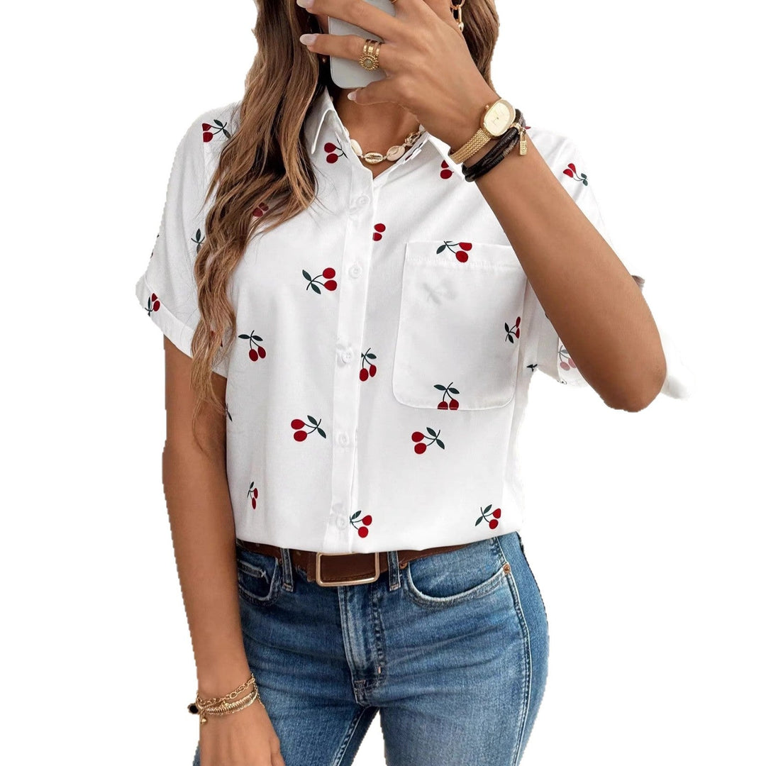 Damen Kurzarm Bluse mit Kirschmotiv und Tasche Drune