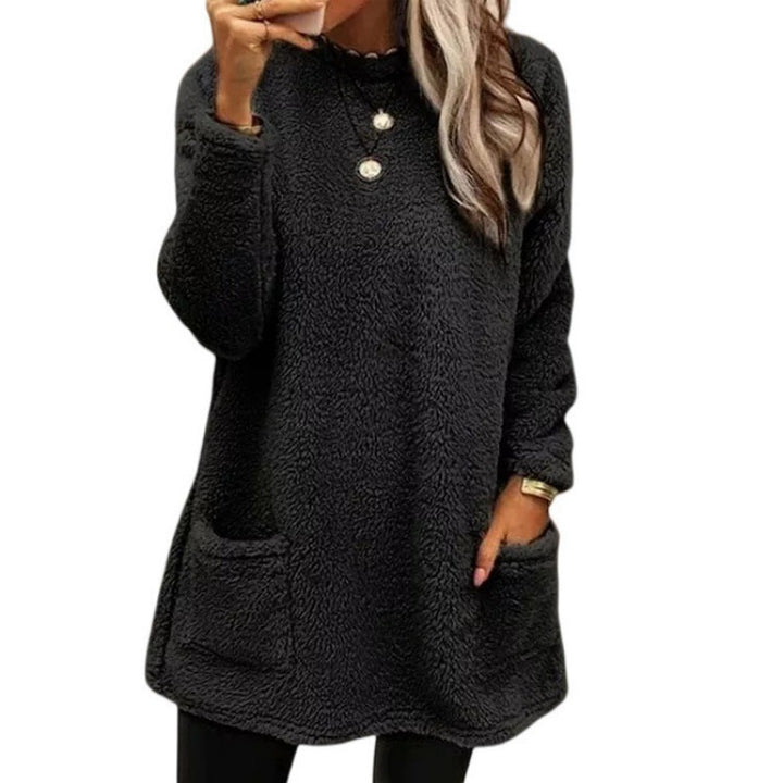 Damen nan kuscheliger langer Teddy-Pullover Oversize mit Rundhalsausschnitt und Eingrifftaschen Drune