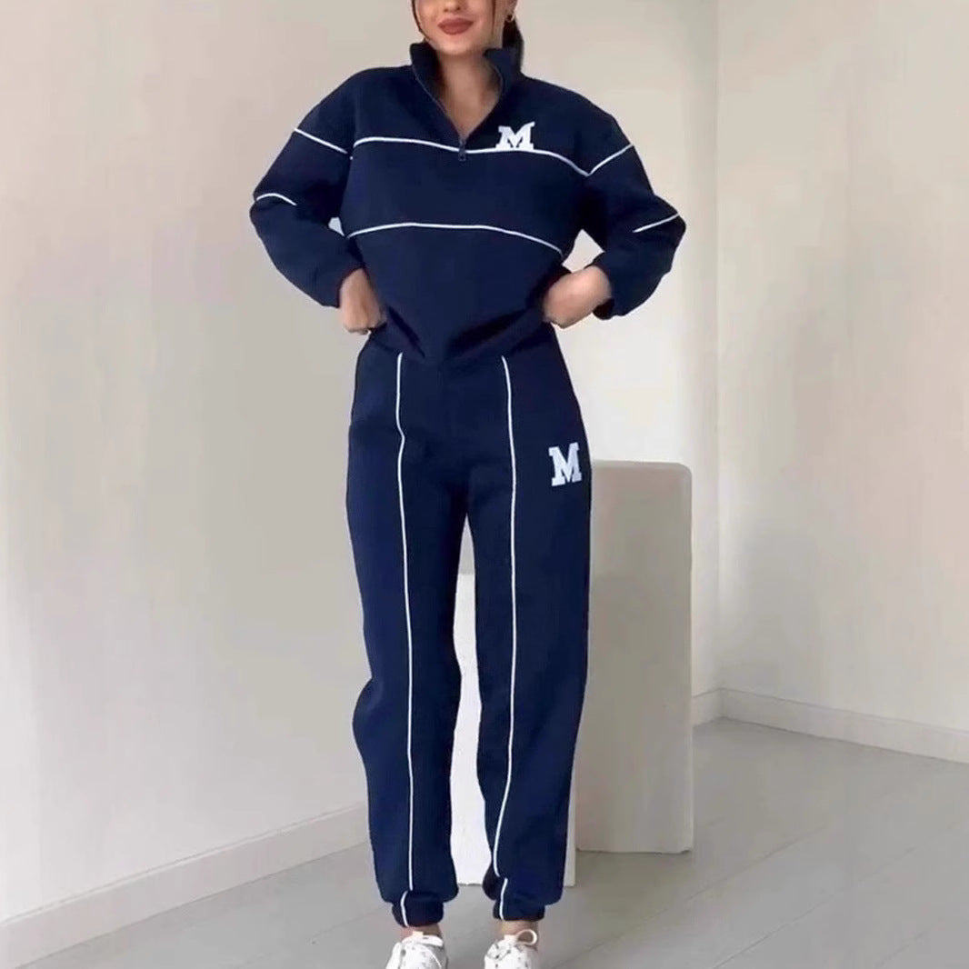 Damen sportliches Loungewear-Set mit Halbreissverschluss und elastischem Bund Drune