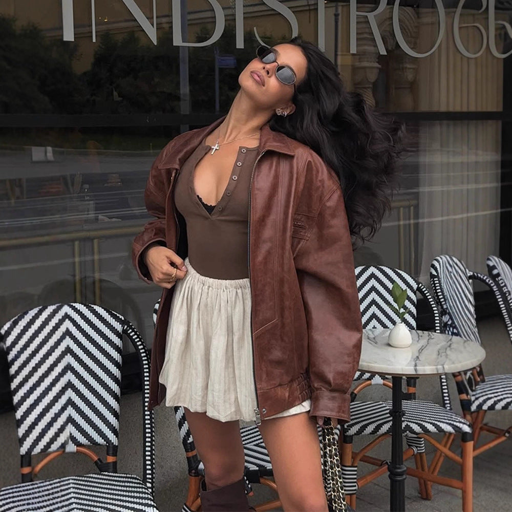 Damen Oversize-Lederimitatjacke im Bikerstil mit Hemdkragen und Reißverschluss Drune