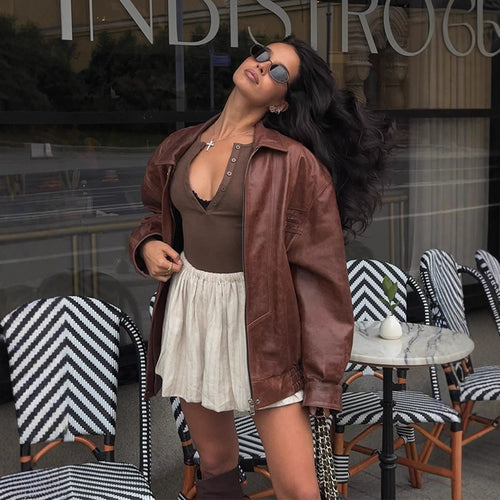 Damen Oversize-Lederimitatjacke im Bikerstil mit Hemdkragen und Reißverschluss Drune