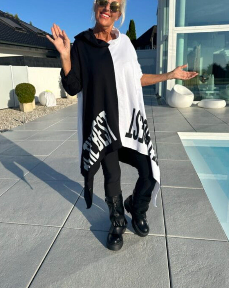 Damen nan weit geschnittener Kapuzenponcho mit asymmetrischem Zipfelsaum und großflächigem Statement-Print Drune