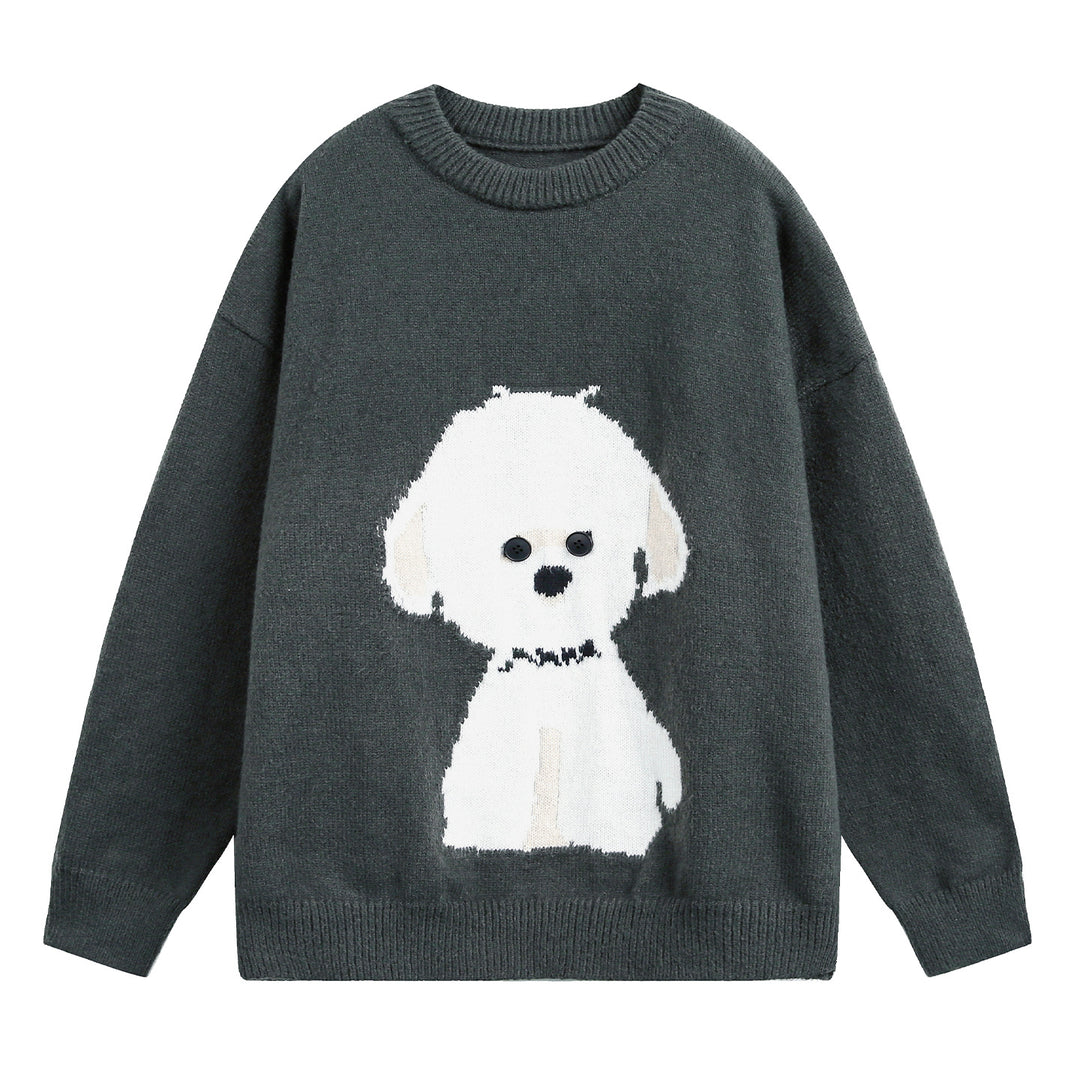 Damen Oversize Strickpullover mit gewebtem Hundemotiv und Knopfaugen Drune