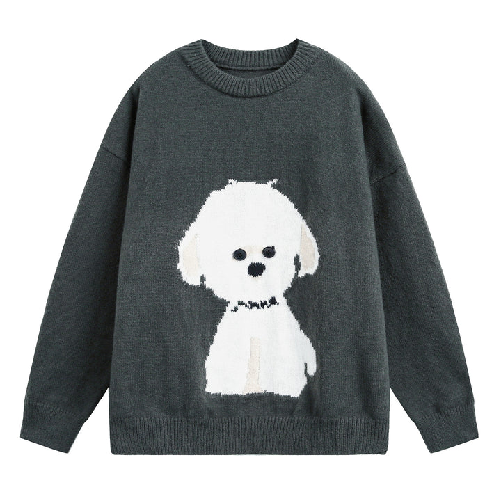 Damen Oversize Strickpullover mit gewebtem Hundemotiv und Knopfaugen Drune