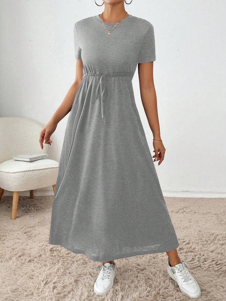 Damen lässiges Maxikleid mit elastischem Taillenbund und Rundhalsausschnitt Drune