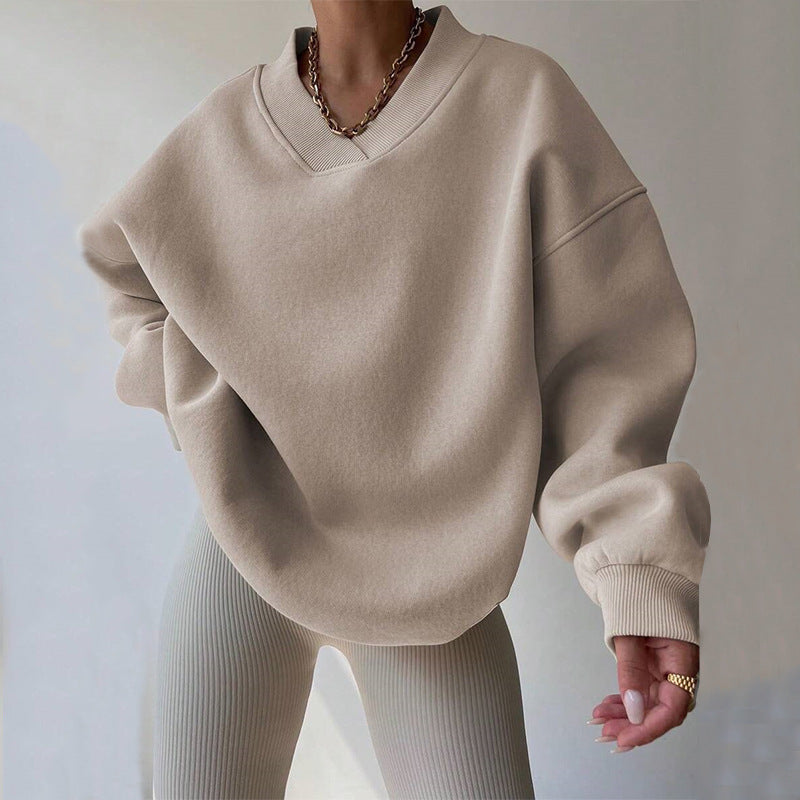 Damen Oversized V-Ausschnitt Sweatshirt mit verstärktem Rippkragen und extraweitem Cut Drune
