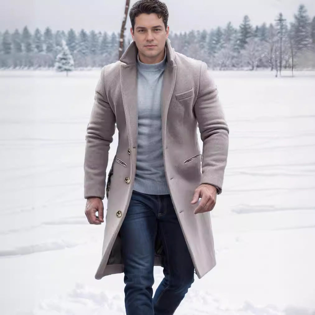 Herren eleganter Wollmantel mit schmalem Schnitt und goldenen Knöpfen Drune