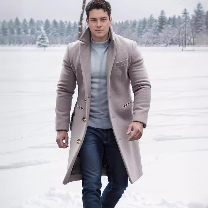 Herren eleganter Wollmantel mit schmalem Schnitt und goldenen Knöpfen Drune