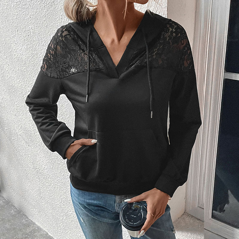 Damen Hoodie mit V-Ausschnitt, Spitzen-Schulterbesatz und Kängurutasche Drune