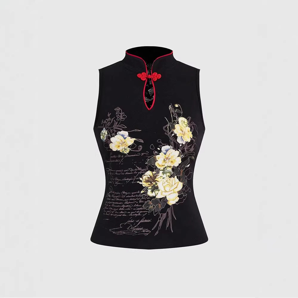 Damen Chinesisches Sticktop mit hochgeschlossenem Design und floralem Motiv Drune