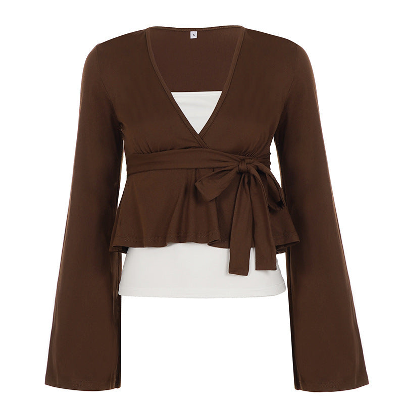 Damen Wickel-Peplum-Top mit Glockenärmeln Drune