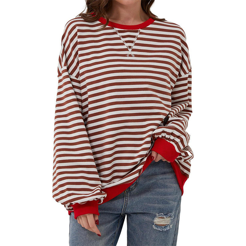 Damen Cozy Übergroßer Gestreifter Pullover Sweatshirt Drune