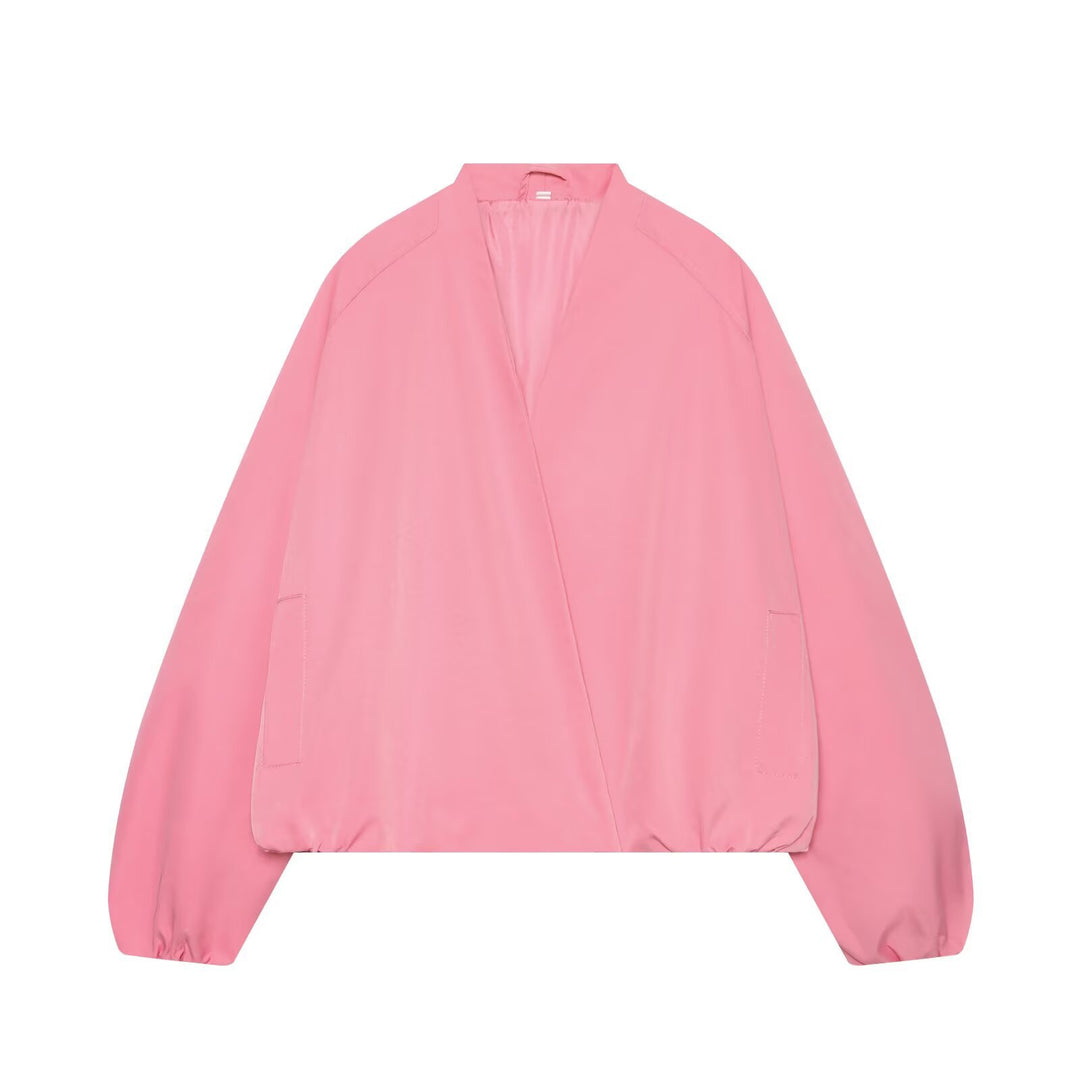 Damen Oversize Cropped Bomberjacke mit offenem V-Ausschnitt und elastischem Saum Drune