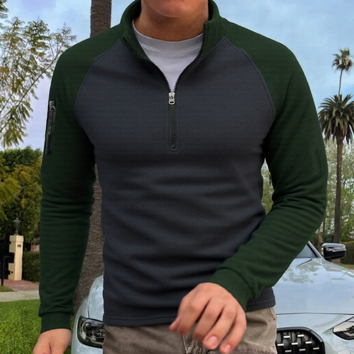 Herren slimfit Halbzip-Pullover mit Raglanärmeln, Waffelstruktur und Ärmeltasche Drune