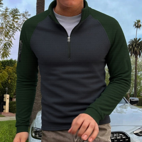 Herren slimfit Halbzip-Pullover mit Raglanärmeln, Waffelstruktur und Ärmeltasche Drune