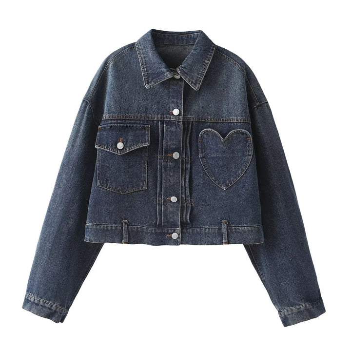Damen nan kastige Denimjacke mit Herz‑Patchtasche, aufgesetzten Pattentaschen und durchgehender Knopfleiste Drune
