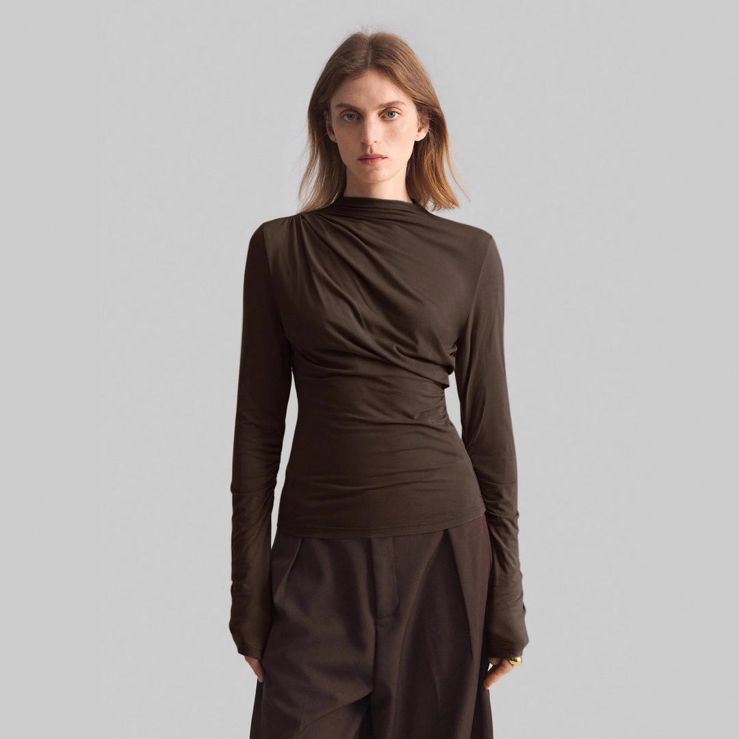 Damen nan schmal geschnittenes Langarmshirt mit asymmetrischer Drapierung und seitlicher Raffung Drune