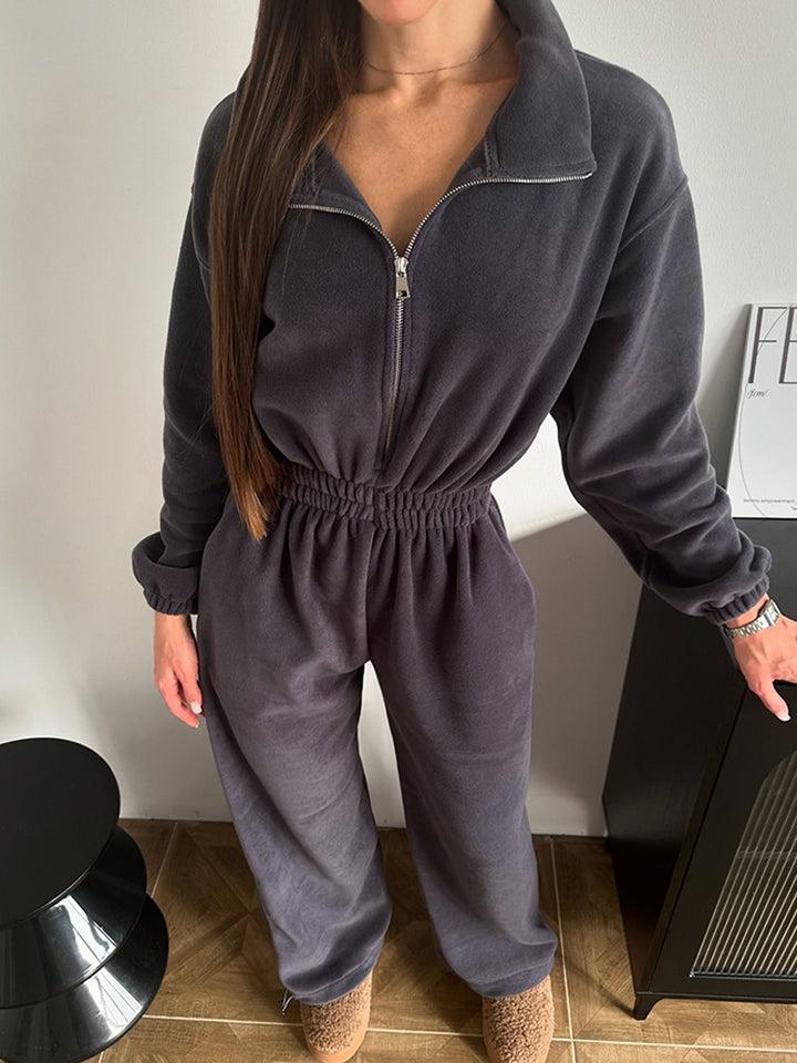 Damen kuscheliger Plüsch-Jumpsuit mit halbem Reißverschluss und elastischer Taille Drune