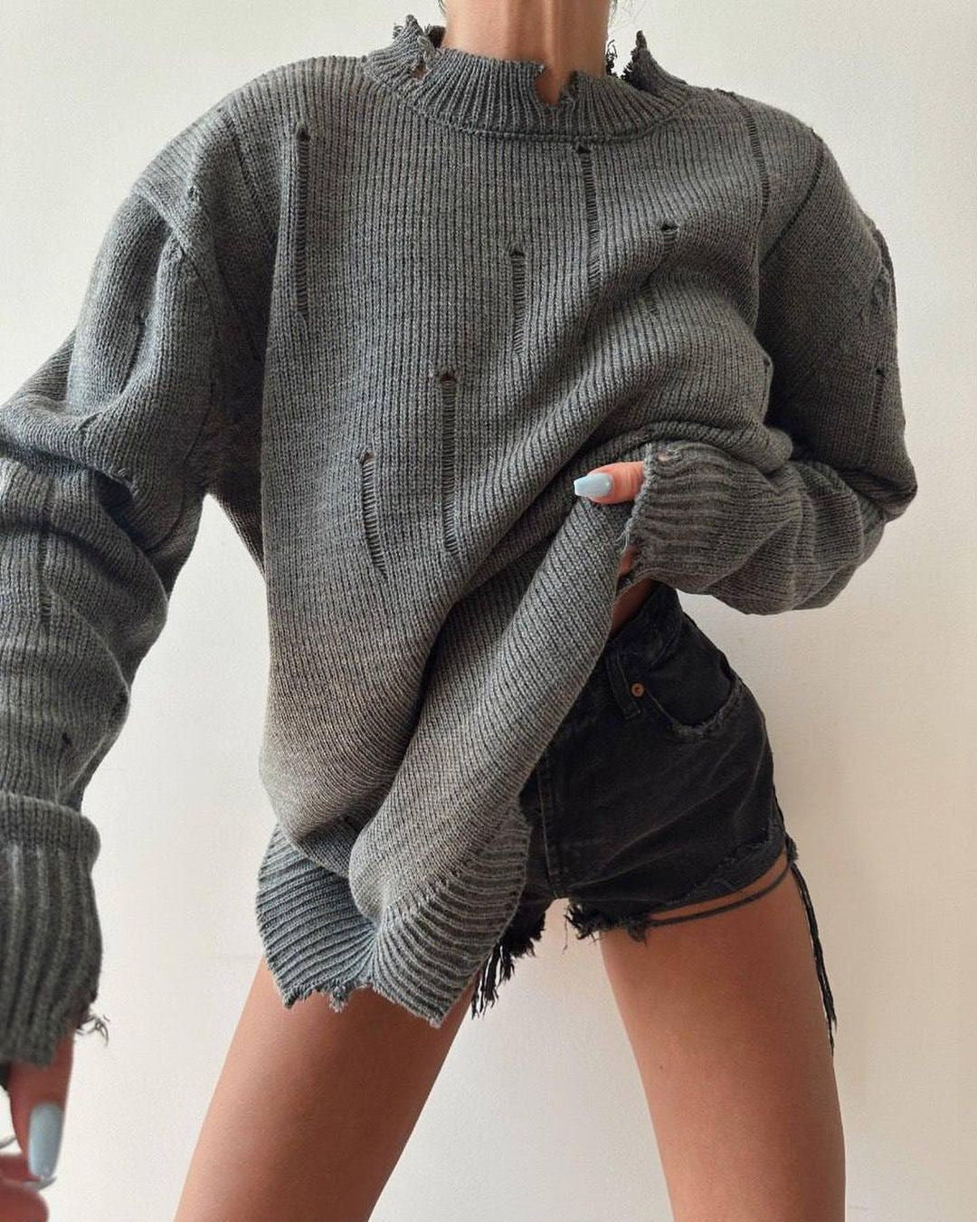 Damen Oversized Grobstrickpullover mit Distressed-Details und geripptem Saum Drune