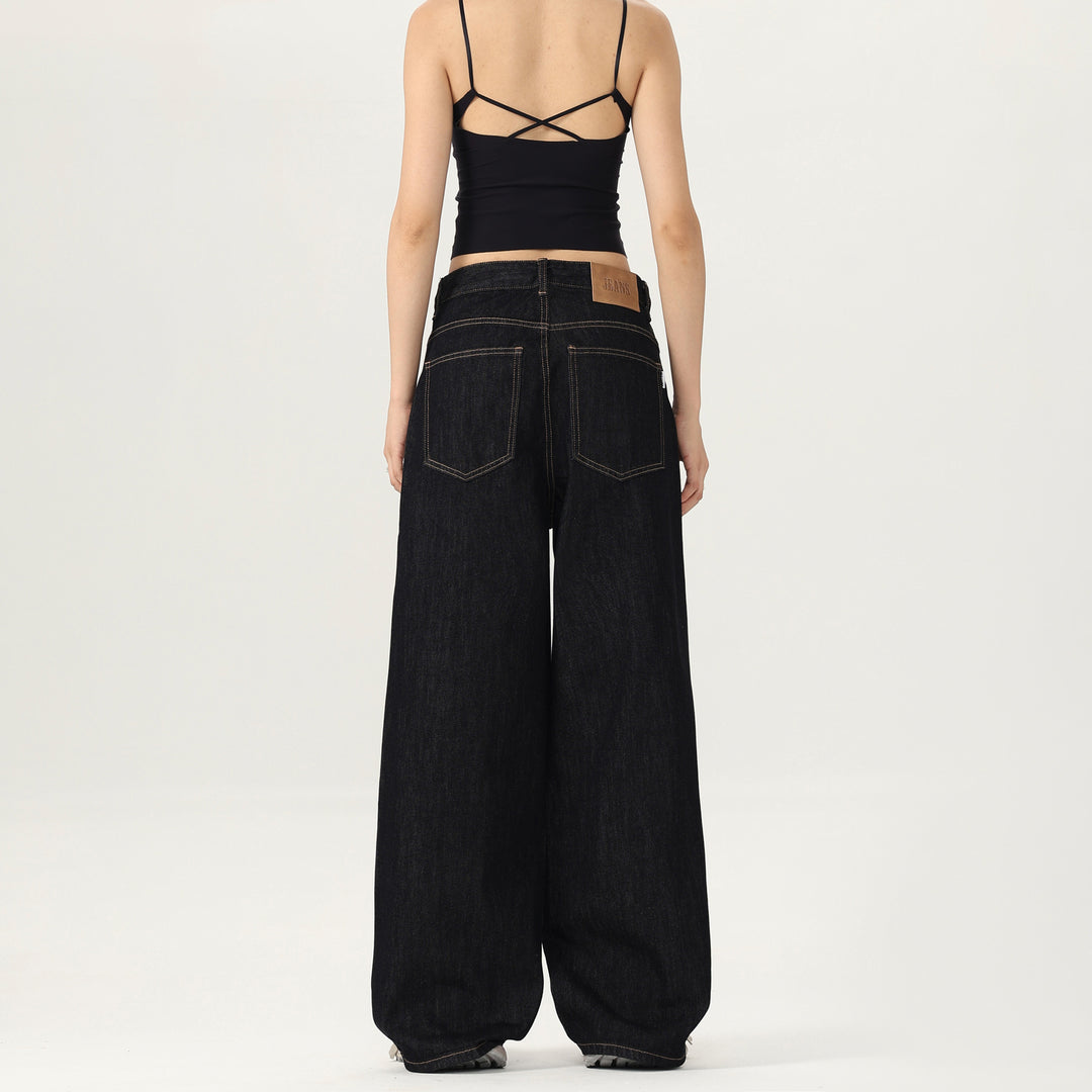 Damen Weite tiefsitzende Baggy-Denimhose im Marlene-Stil mit Kontrastnähten Drune