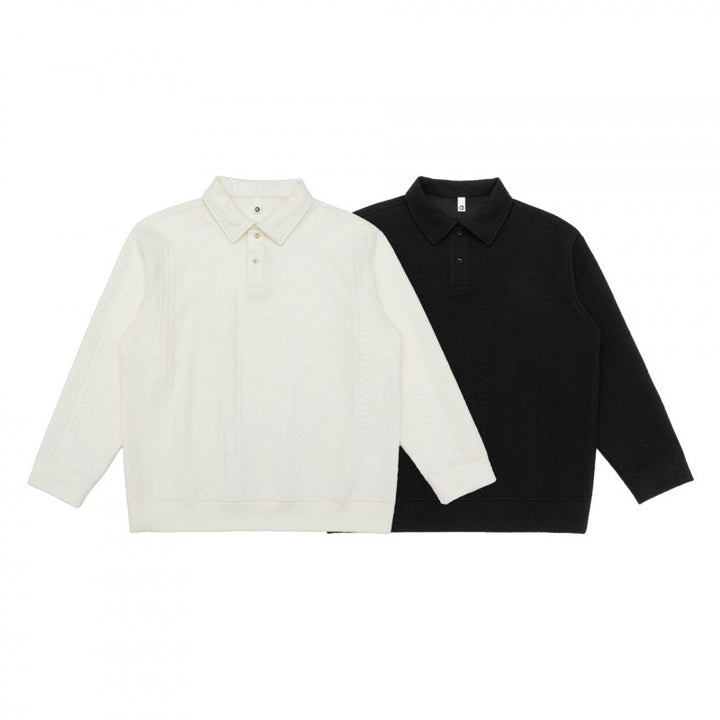 Unisex Poloshirt-Strickpullover mit Zopfmuster, Boxy‑Schnitt und Hemdkragen Drune
