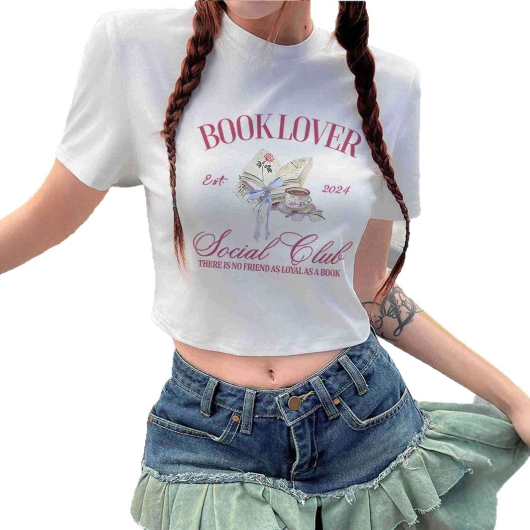 Damen Crop-T-Shirt mit kreativem Buchliebhaber-Design und modernem Aufdruck Drune