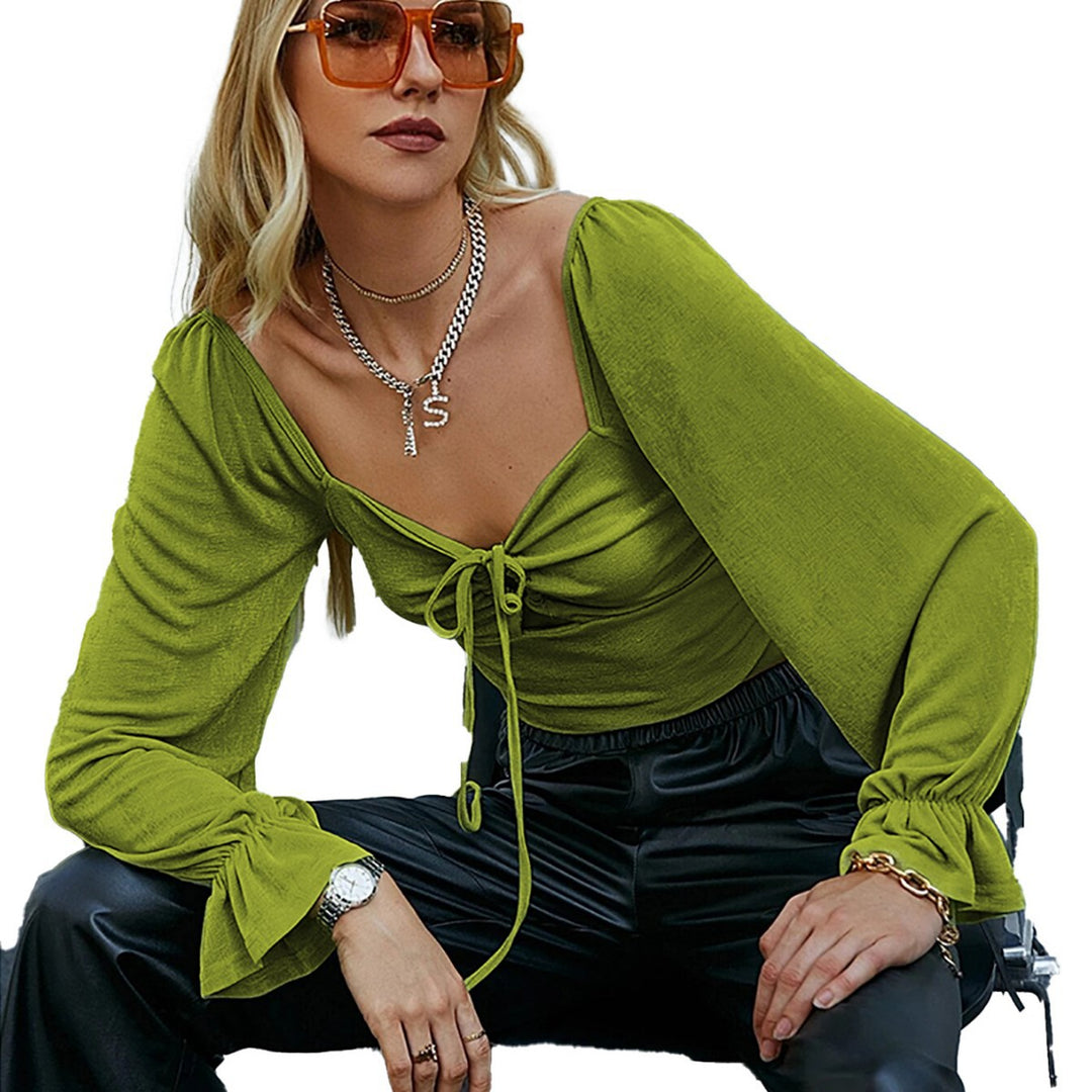 Damen gerafftes Crop-Top mit Herz-Bustier, Knoten-Detail und voluminösen Trompetenärmeln Drune