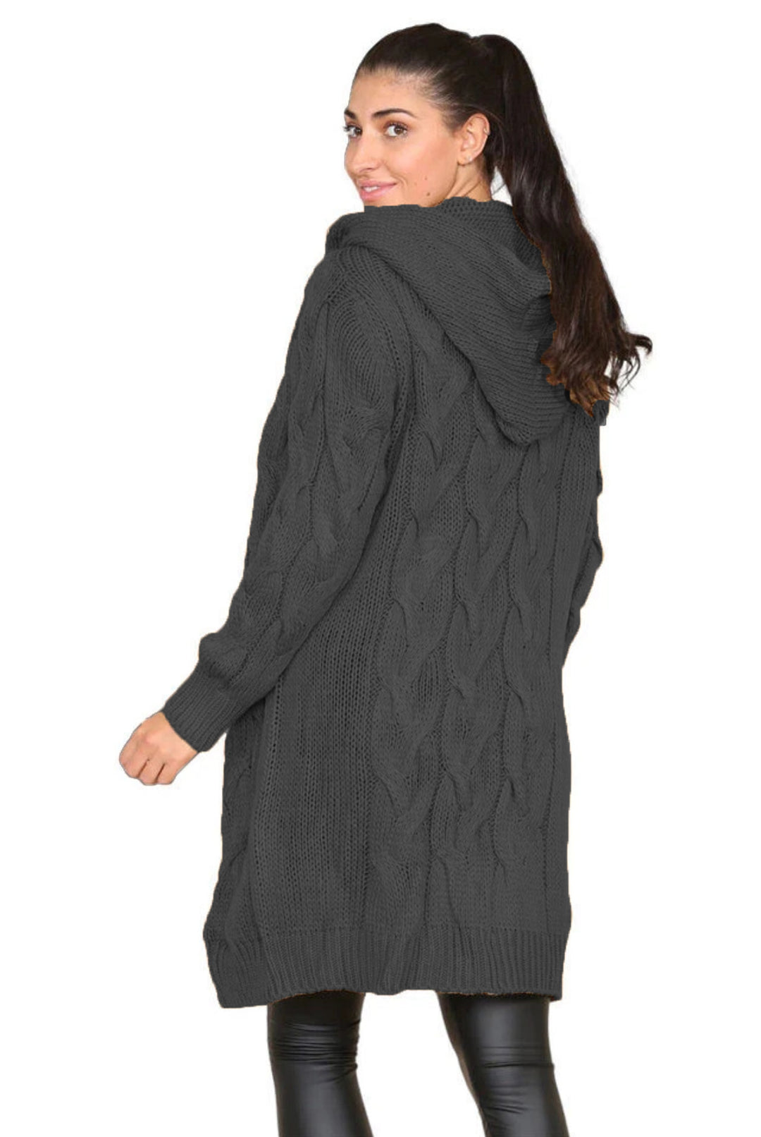 Damen Grobstrick Hoodie-Mantel mit Zopfdesign und tiefen Taschen Drune