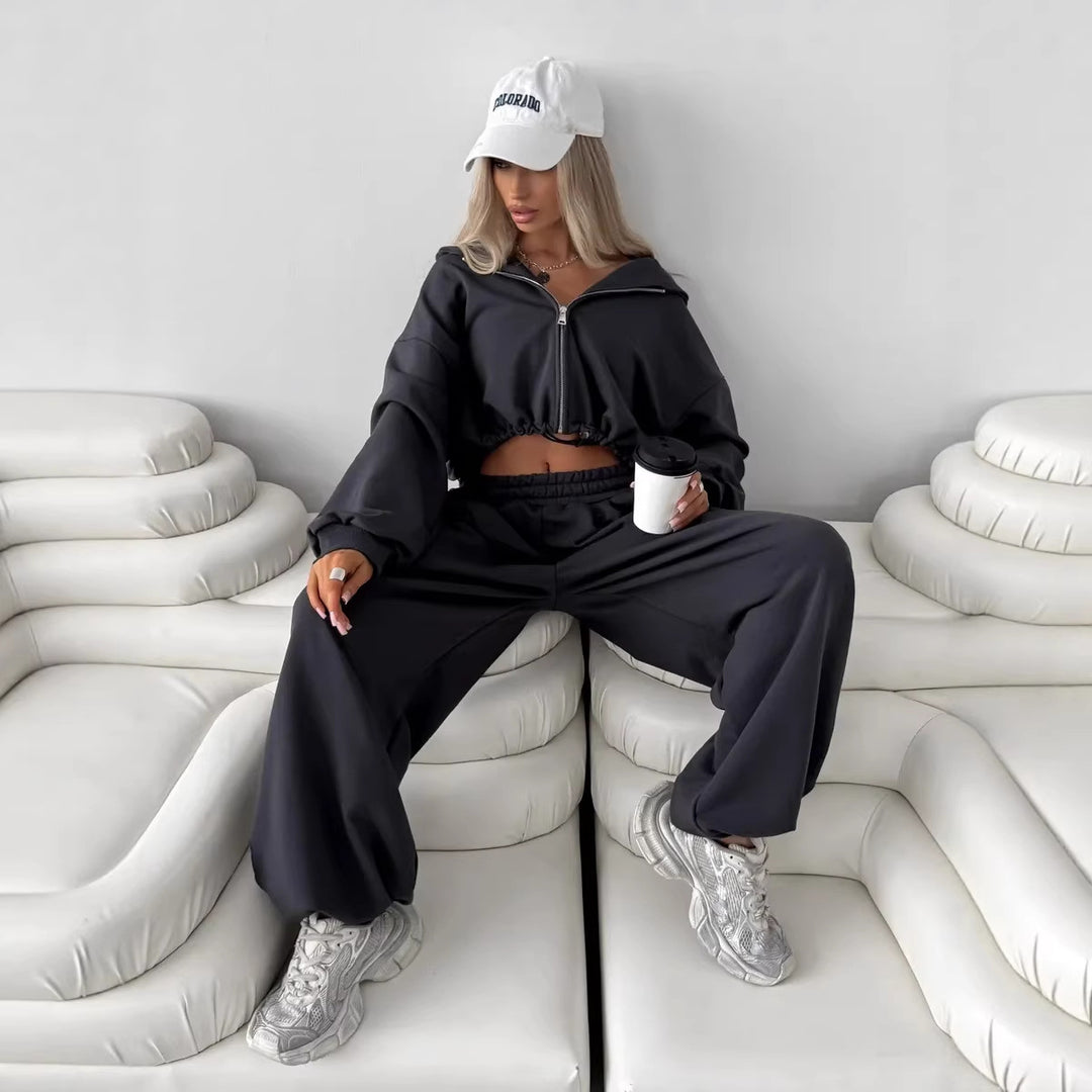 Damen weit geschnittenes Cropped-Zip-Hoodie und Palazzo-Jogger Set Drune