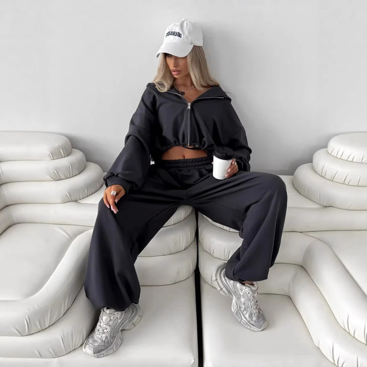 Damen weit geschnittenes Cropped-Zip-Hoodie und Palazzo-Jogger Set Drune