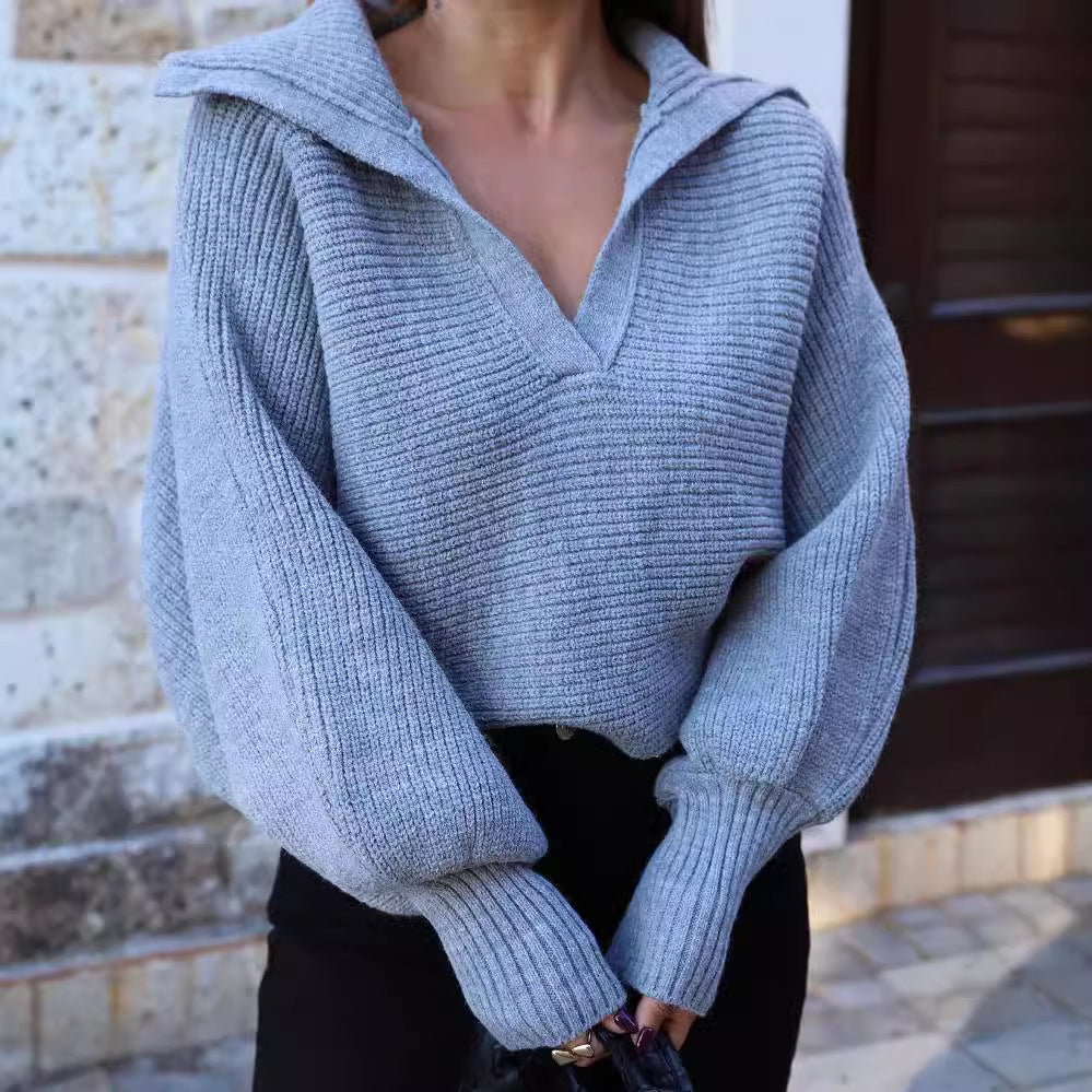 Damen Oversize Rippsweater mit Reverskragen und tiefem V‑Ausschnitt Drune